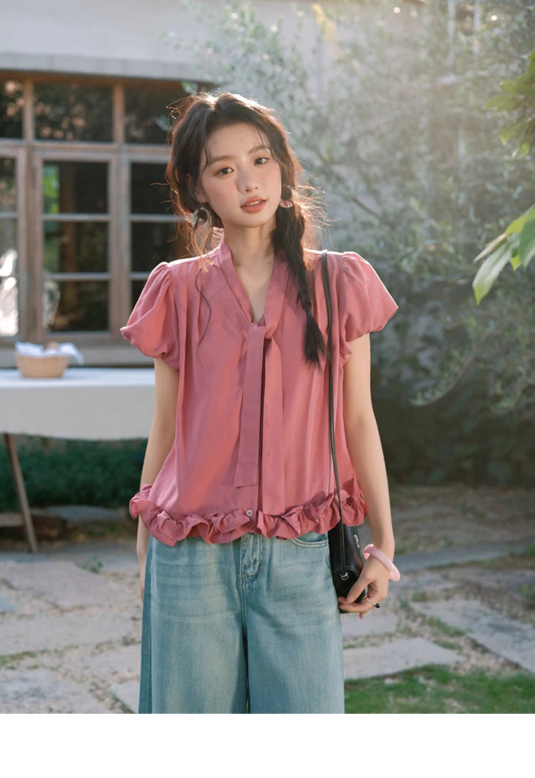 MISHOW Women's Summer V-neck Blouse 2025 New Fashion Puff Sleeve Lace Up Button Sweet Top Casual Female Clothing MXE38X1914