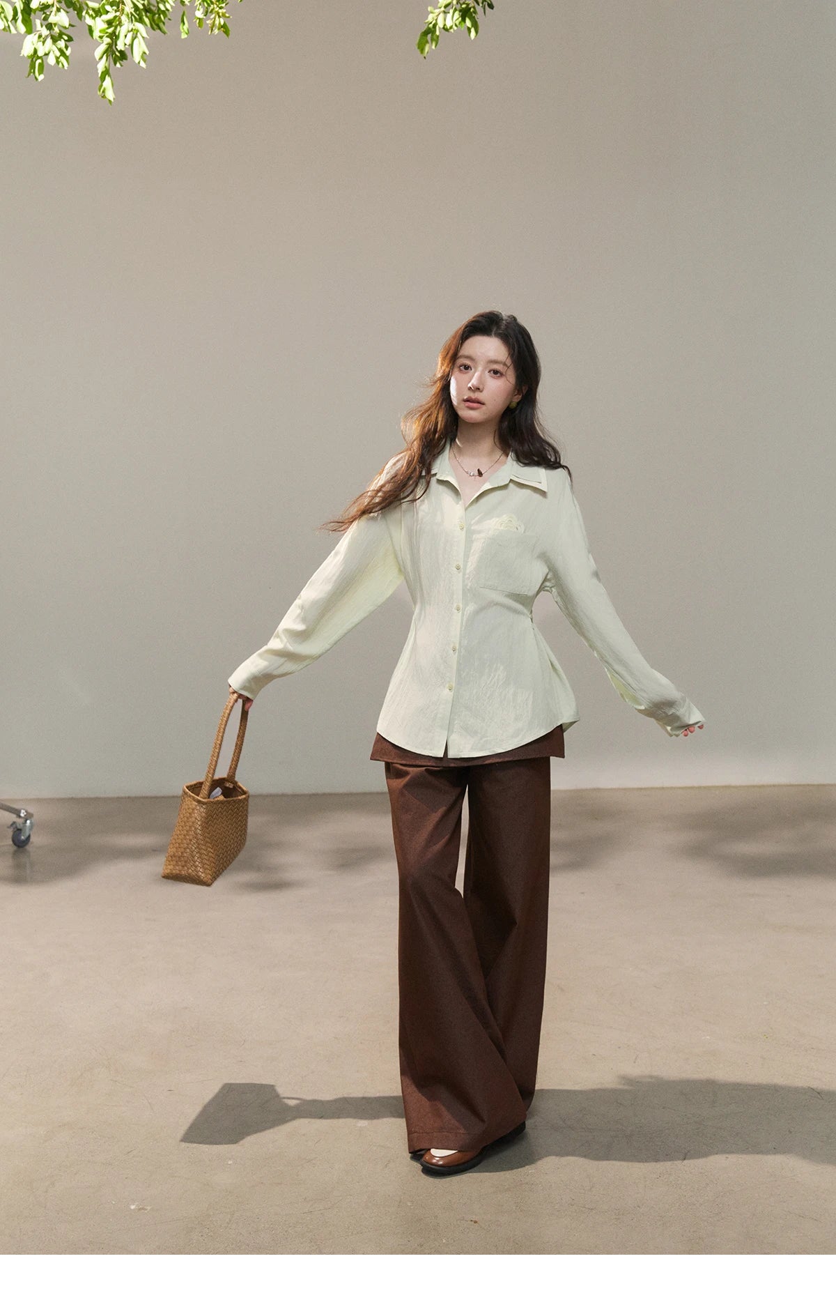 MISHOW Women's Contrast Trim Lapel Collar Shirts 2026 Spring Floral Embroidery Pocket Decor Button Waist Casual Shirt MXF13C2440