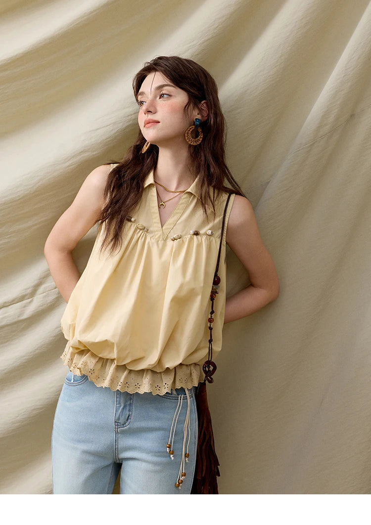 MISHOW Office Lady New Blouse Women Summer New Sleeveless Turn-down Collar Hollow Lace Shirts Female Slimming Fashion MXE31X1760