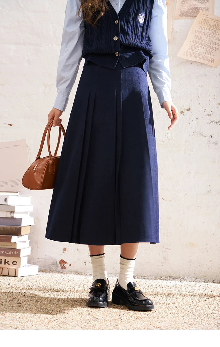 MISHOW Elegant A-line Skirt 2024 Spring Solid Preppy Style Commuter Pleated High Waist Slim Female Mid Length Skirts MXD12B0213