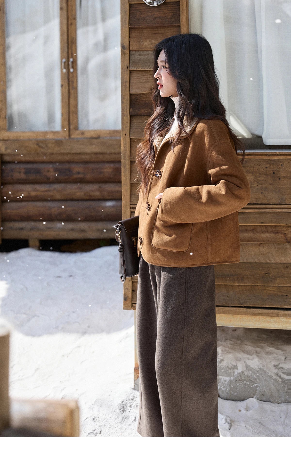 MISHOW Women's Brown Reversible Shearling Coat 2025 Winter Suede Polka Dot Lapel Coats Fleece Thick Warm Short Jacket MXE93W1012