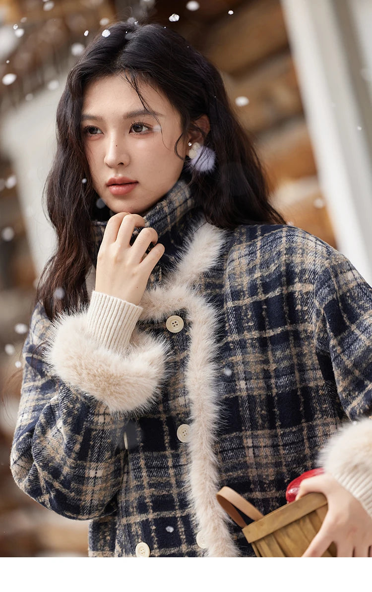 Mishow Vintage Plaid Fur Collar Stand Collar Jacket MXD36W0503