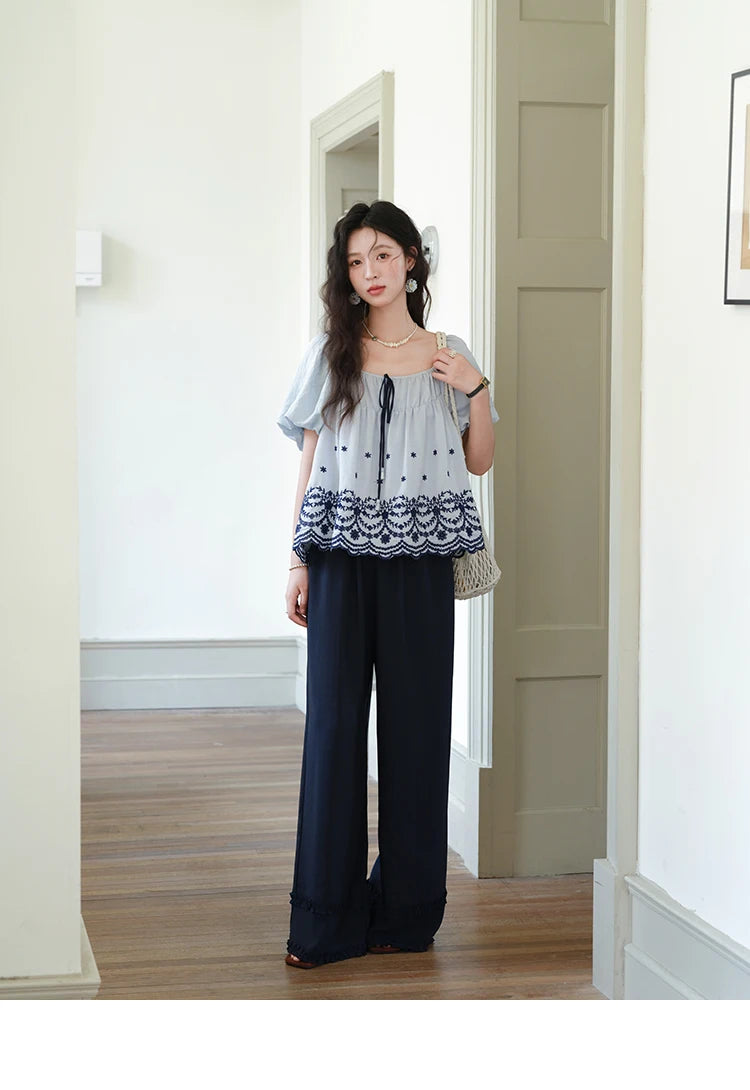 MISHOW Women's Summer Loose Print Blouse 2025 New Fashion Square Neck Lace Up Puff Sleeve Blue Blouse Female Clothing MXE36X1799