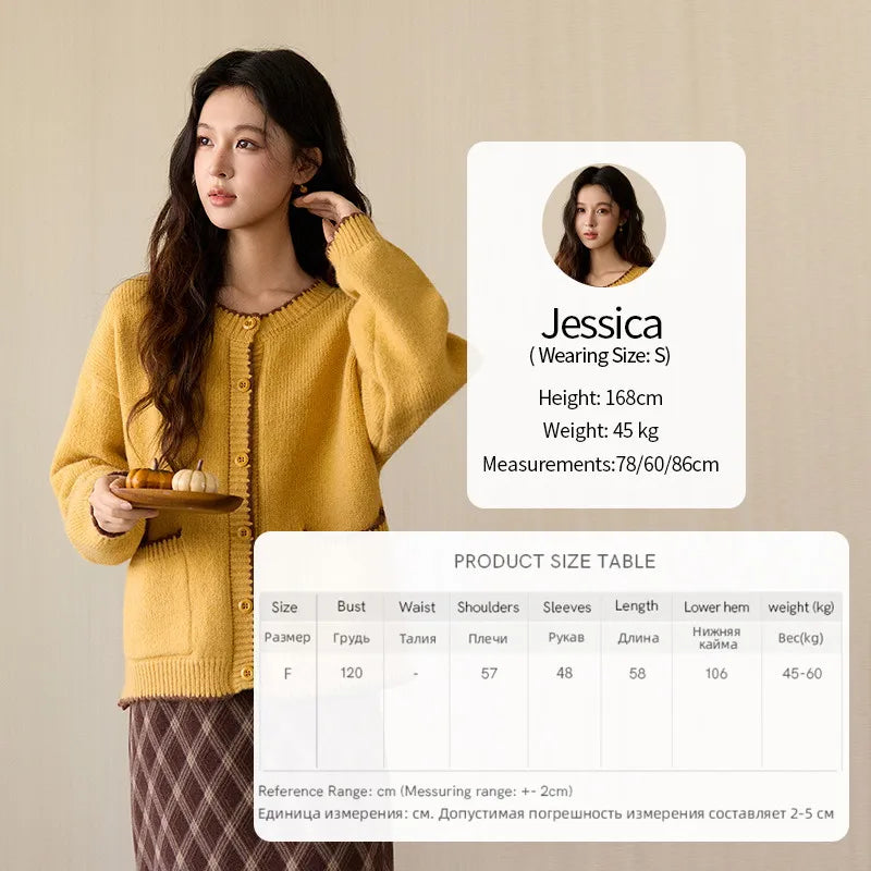 MISHOW Women's Yellow Knitted Cardigan 2025 Autumn Winter Color Collision Edge Sweater Pockets Loose Warm Casual Tops MXE94Z2973