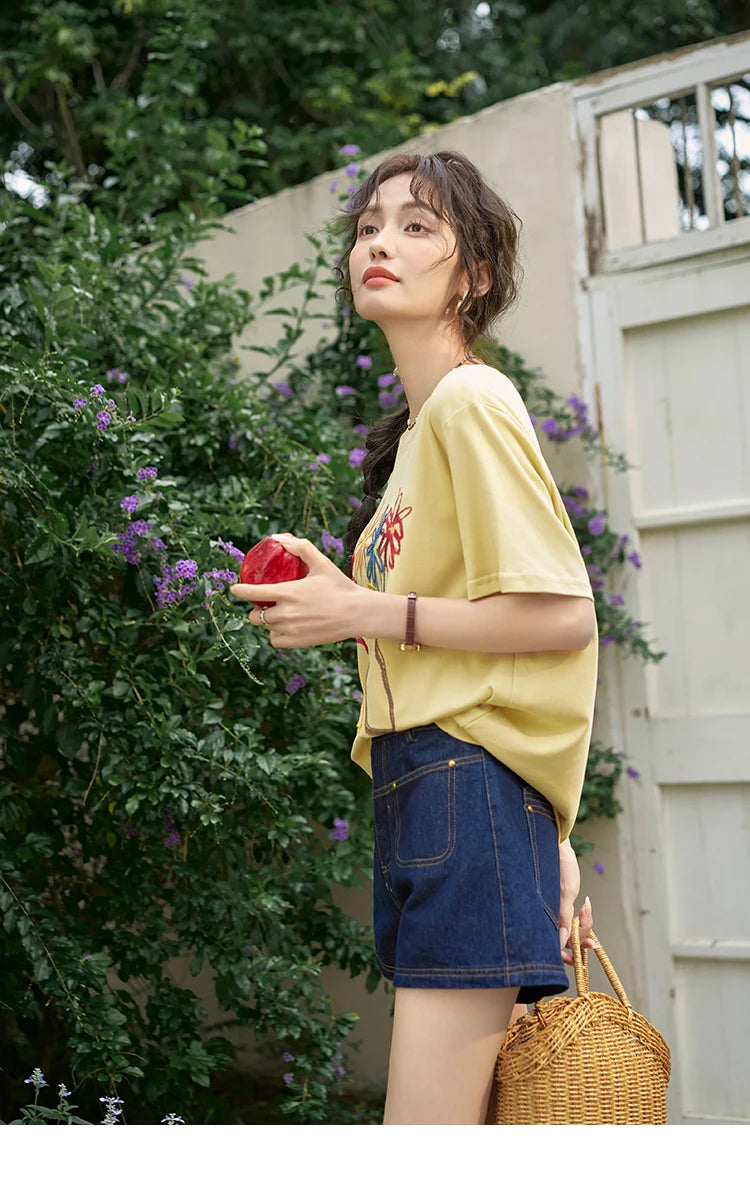 MISHOW 100 Cotton Pocket Embroidered Flower Denim Shorts for Women 2024 Summer Dark Blue Loose Casual Wide Leg Pants MXD26K0707