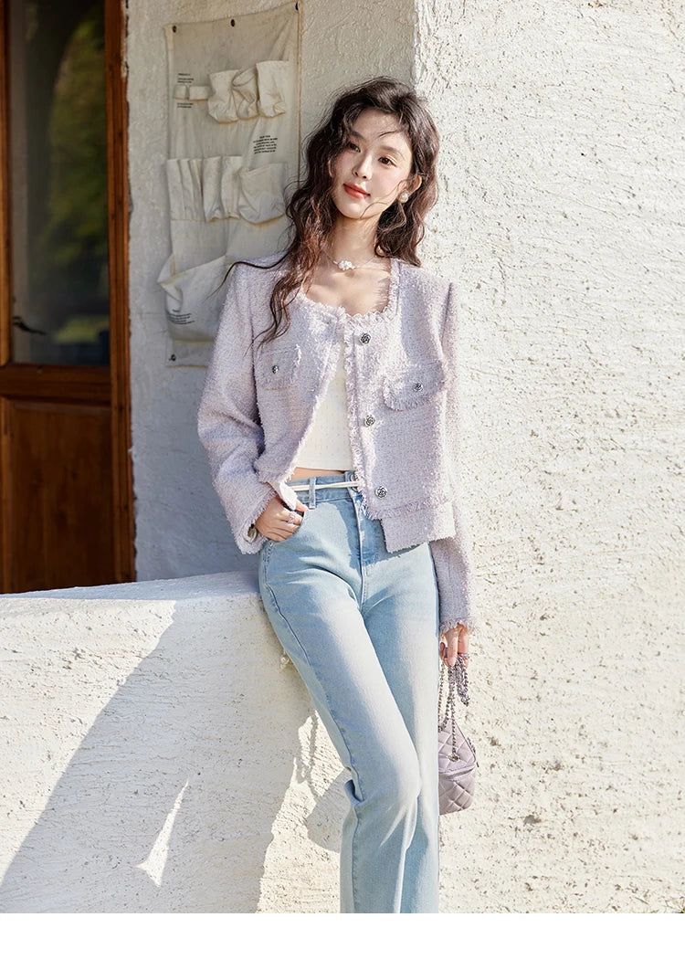 MISHOW Tassel Fragrant Coat for Women 2025 Spring Rose Buckle Weave Short Coats Elegant Square Neck Straight Coats MXE13W0733