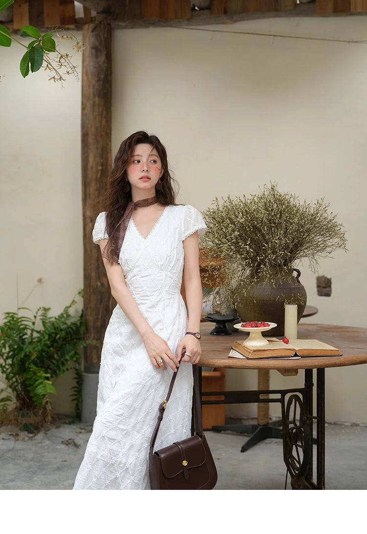 MISHOW Women's V-neck Lace Spliced Dress 2025 Summer New Embroidery Vacation French Style Jacquard Mid-Length Dresses MXE38L2378