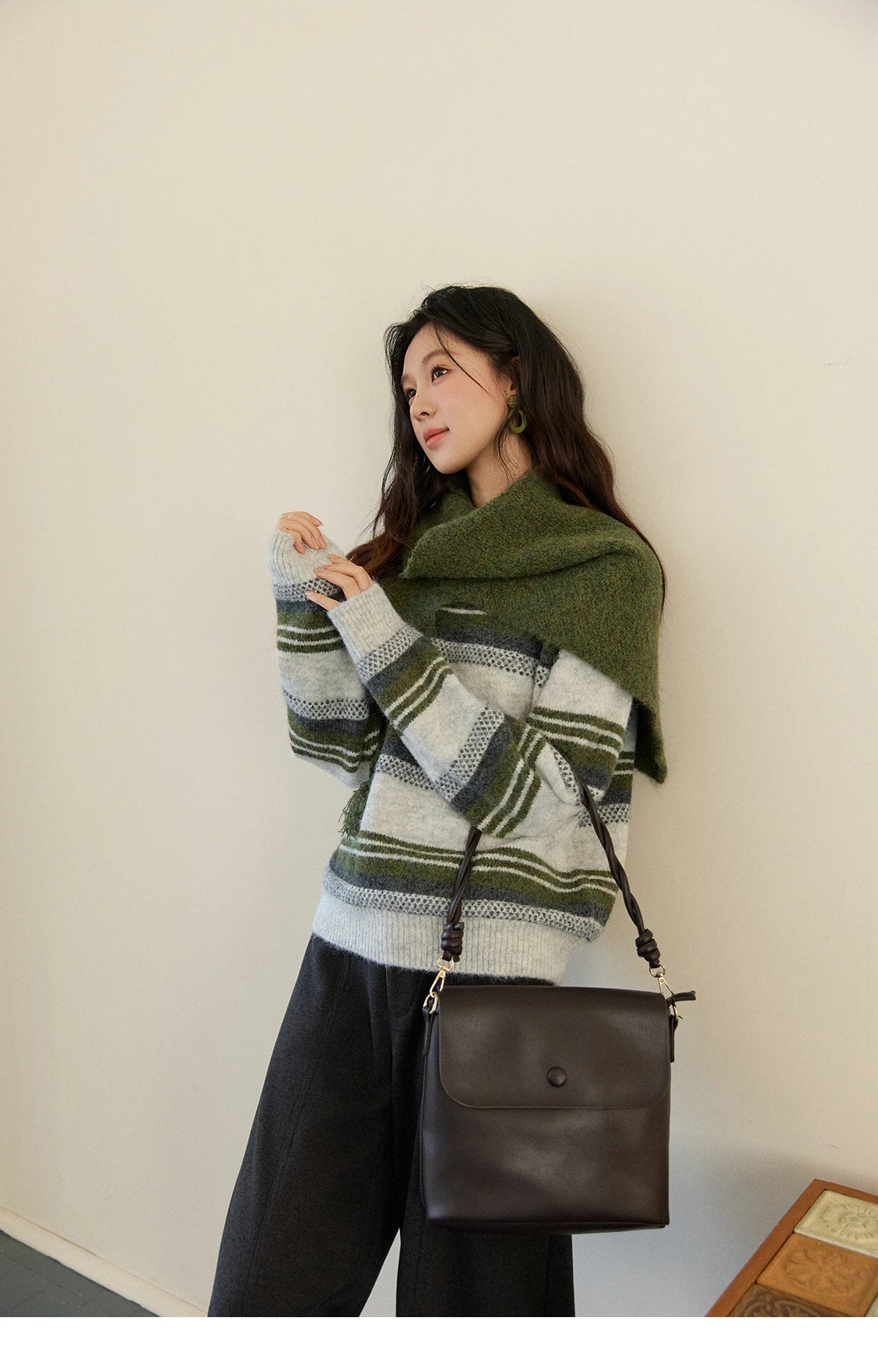 MISHOW Women's Wool Blend Retro Striped Sweater with Scarf Set 2025 Winter Knitted Round Neck Warm Loose Sweaters MXE94Z2987