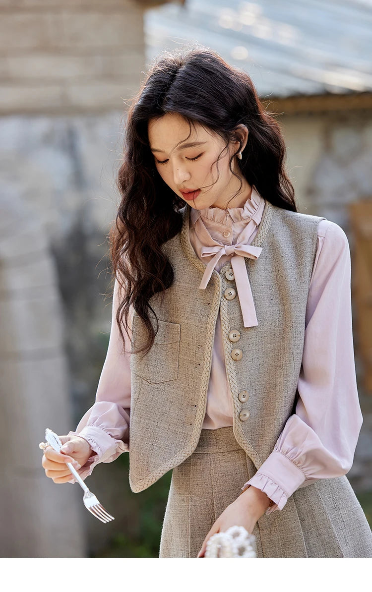 MISHOW Korean Woolen Texture Vest Short Skirt Separately Spring Outfit V-neck Vest Coats Slim A-line Pleated Skirts MXE13W0708