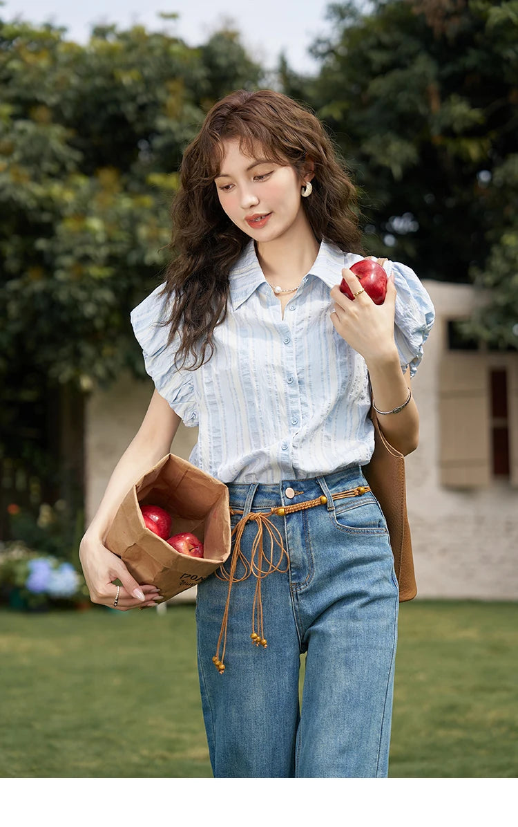 MISHOW Blue Striped Short Sleeve Shirt for Women Summer 2025 Bubble Flower Bud Sleeves Lapel Neck Shirt with Tube Top MXD24C0204