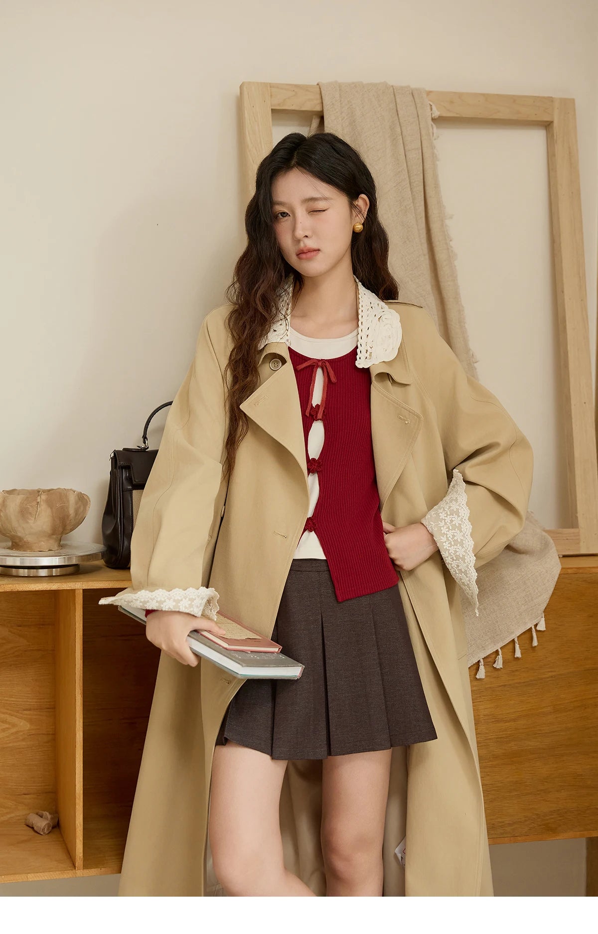 MISHOW Trench Coat Women 2025 Autumn Fashion Light Khaki Lace Long Windbreaker Jacket Long-sleeved Coat with Belt MXE45W0830