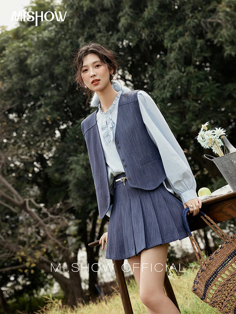 MISHOW Women's V-neck Vest Coat Pleated Skirt Set Spring 2025 Symmetric Fake Pocket Coat A-line Skirts (No with Belt) MXE31T0505