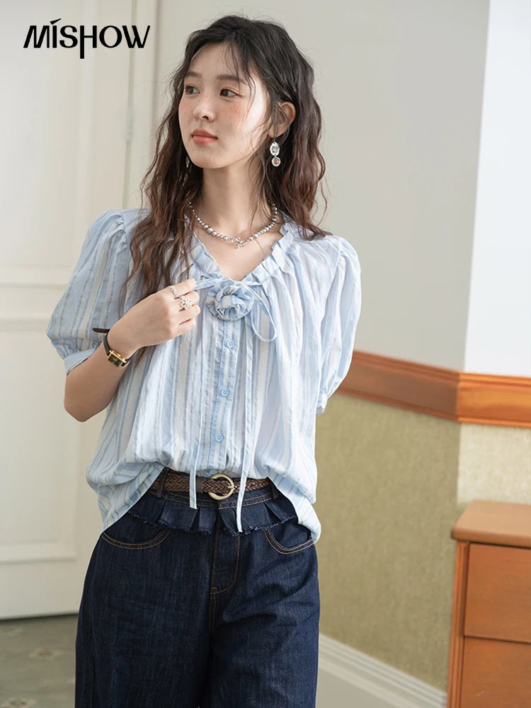 MISHOW Women's Striped Casual Shirt 2025 Summer New Lady Fashion Puff Sleeve V-Neck Button Blue Shirt Female Clothing MXE36X1870
