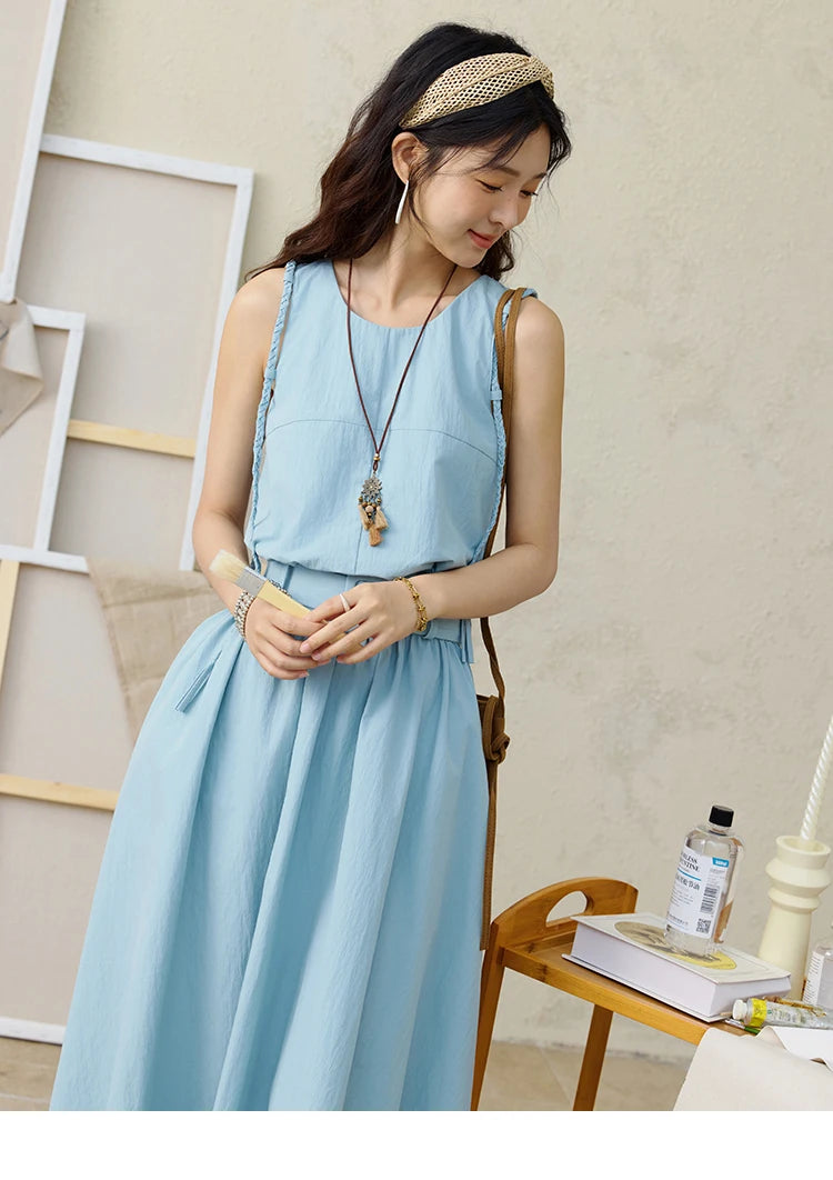 MISHOW Women's Vest Dress 2025 Summer Hand Woven Fried Dough Twists Waist Belt Slim Long Dress A-line Vacation Dress MXE34L2223