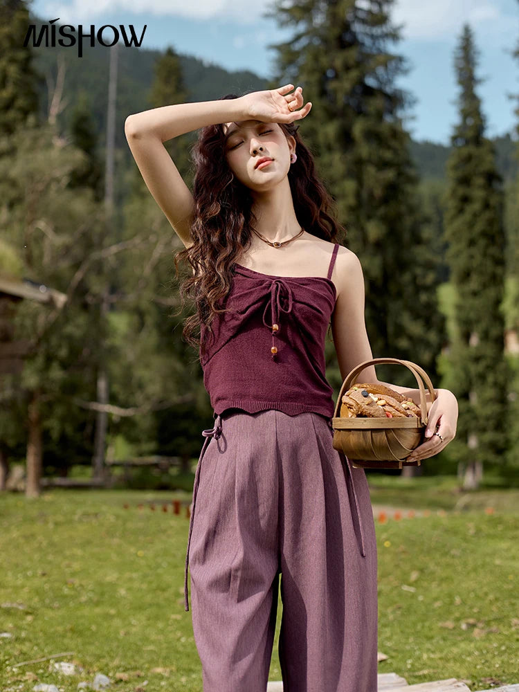 MISHOW Core Spun Purple Suspender Bow Tied Beading Top Solid Sleeveless Wavy Hem Tanks Adjustable Shoulder Strap Tops MXD42D0041