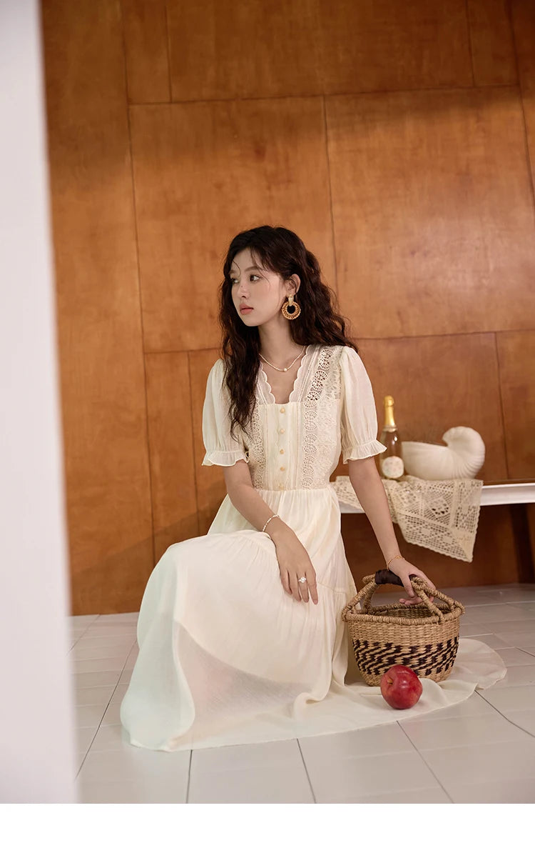 MISHOW Women's French Hollowed Out Embroidery Dress 2024 Summer Elegant Slim Fairycore Dress Waist Mid Length Dresses MXD31L1981