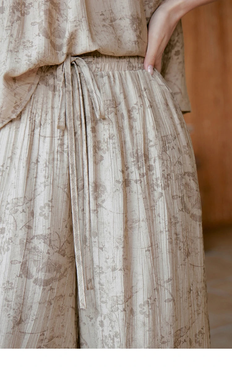 MISHOW Ink Printing Slash Neck Top Wide Leg Trouser Separately Summer Elastic Waist Pants Folds Chiffon Office Lady MXC39X1298