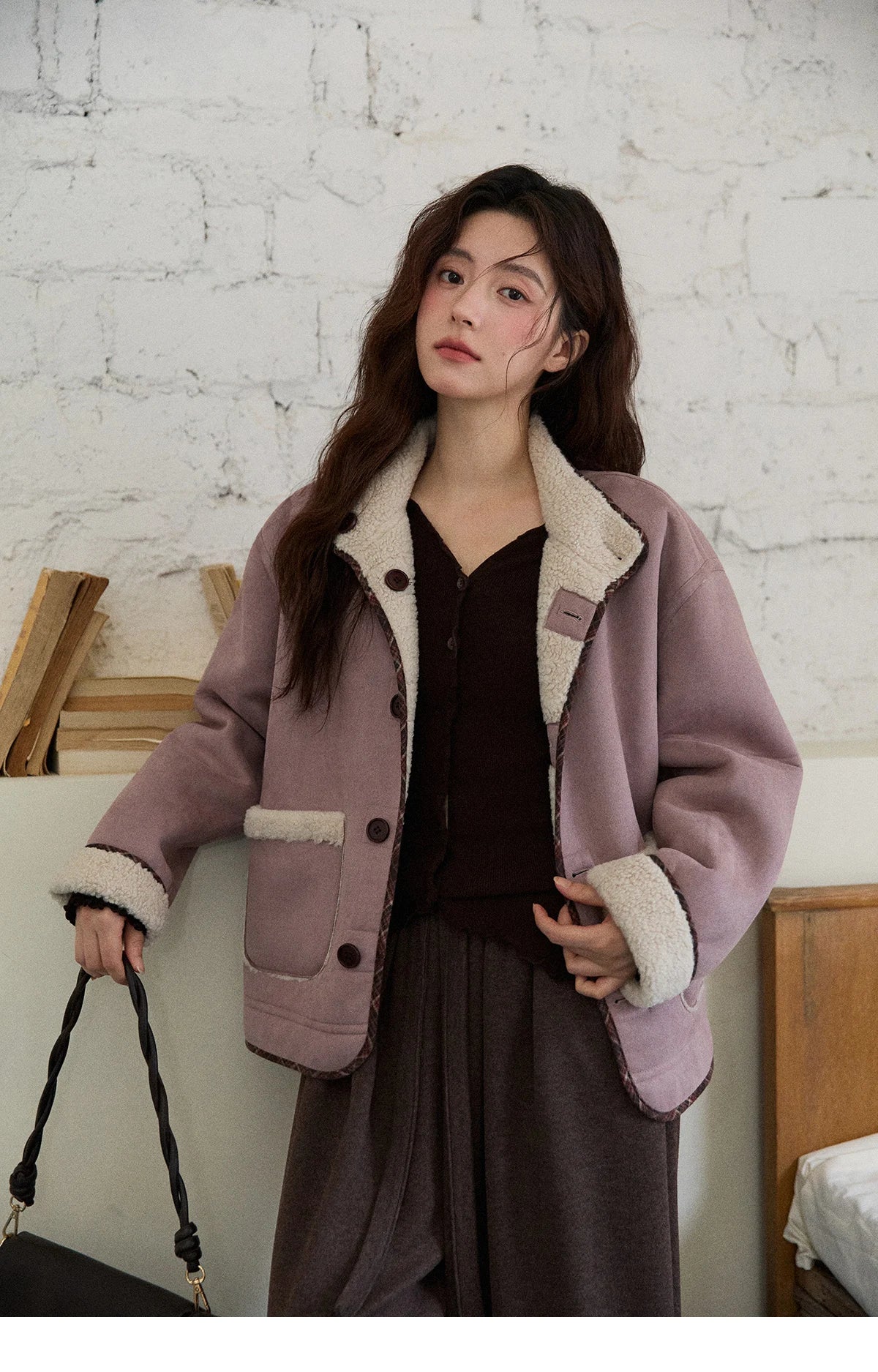 MISHOW Women Purple Coats 2025 Winter Luxury Turn-down Collar Double-sided Jacket Pocket Decoration Windproof Jacket MXE87W0940