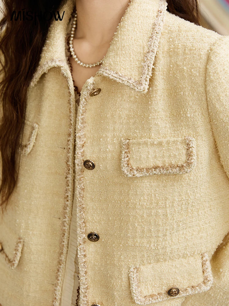 MISHOW Women's Fragrant Tweed Coat 2025 Autumn Retro Woven Short Top Metal button single breasted Lapel Commute Coats MXE46W0837