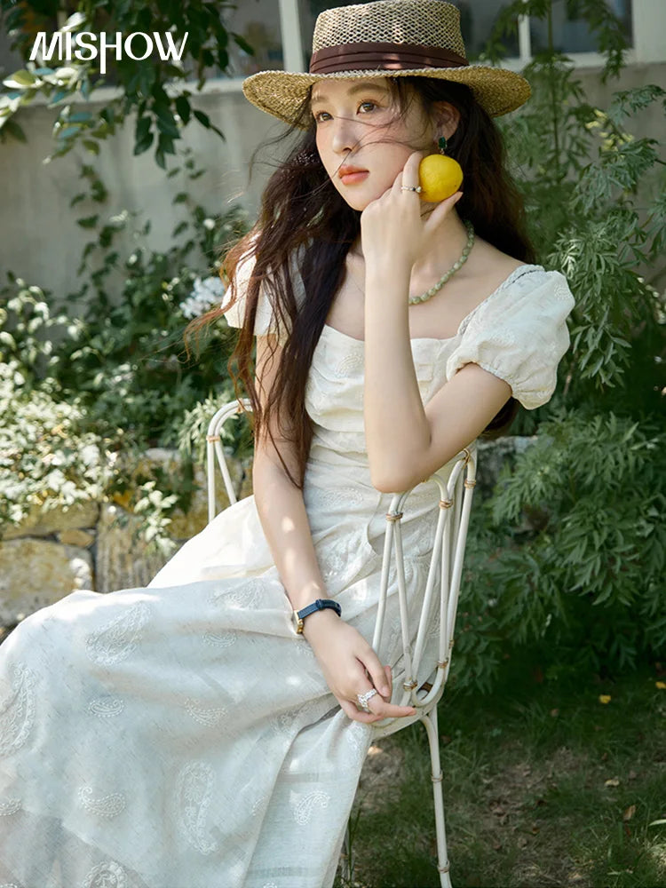 MISHOW Women's Puff Sleeve Dress 2025 Summer Fashion Paisley Embroidery Lady Pocket Dresses Vacation Women's Clothing MXE34L2265