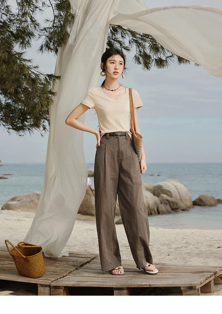 MISHOW Cotton Casual T-shirts Women New 2025 Short Sleeve V-neck Solid Versatile Shirt Female Fashion Basic Tops Lady MXE33T0519