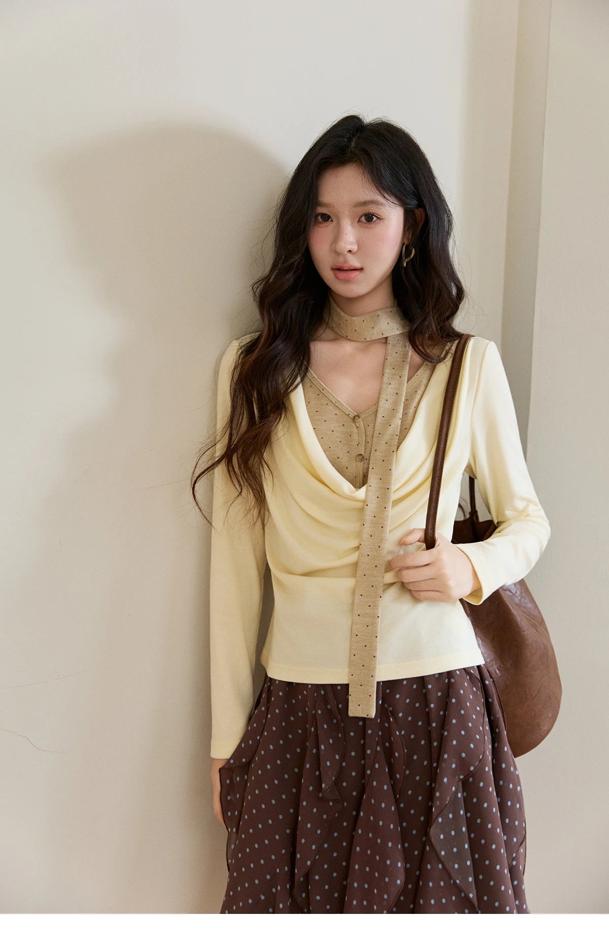 MISHOW Women's Wool Blend Fake Two Piece Draped Neck Knit Top 2026 Spring Wave Point Ribbon Contrast Color Casual Top MXF13Z2977