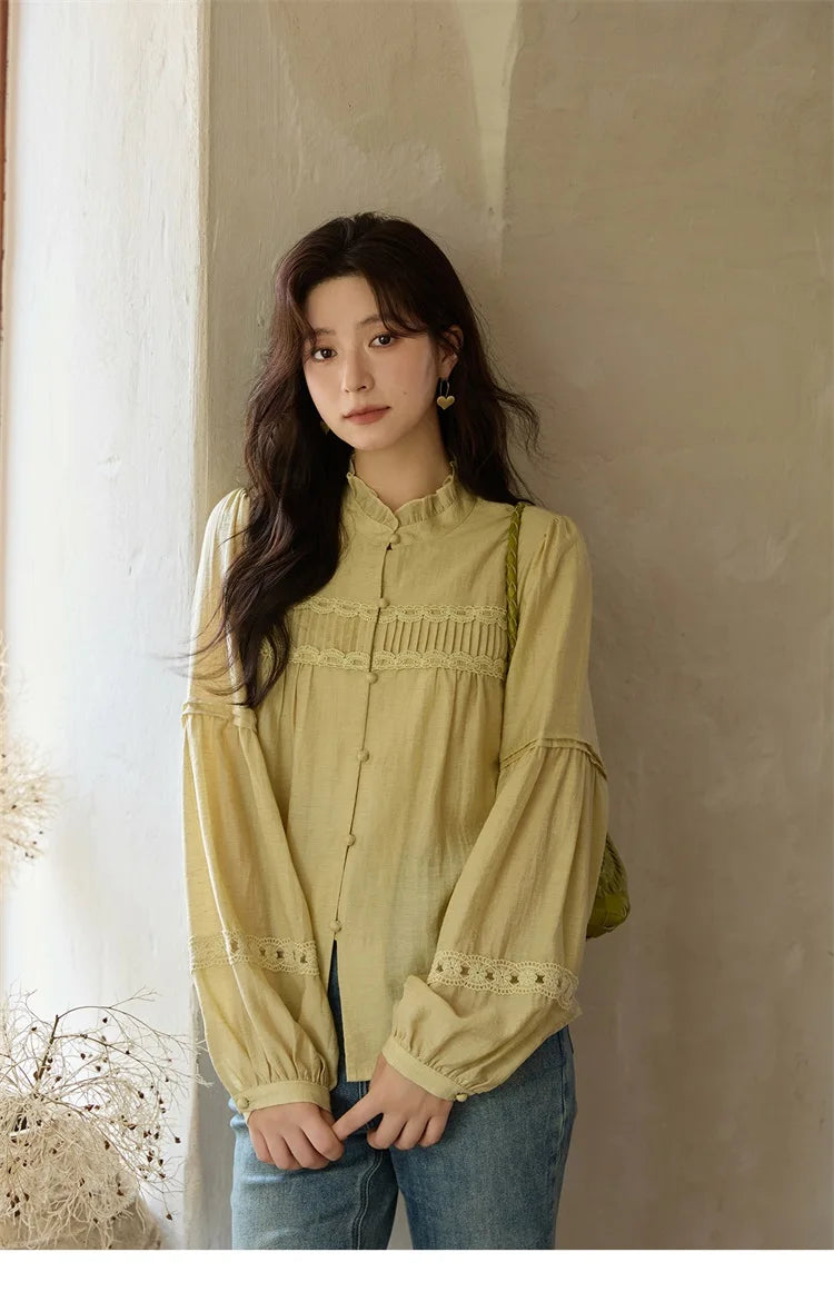 MISHOW Light Yellow Linen Solid Shirt 2025 Autumn Splicing Lace Hollow Sleeves Shirts Stand Collar Top Office Lady MXE42X1976