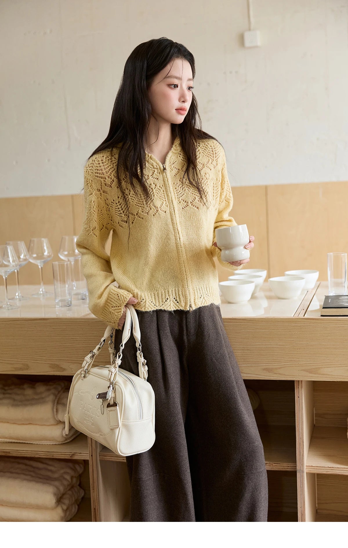 MISHOW Yellow Hollow Out Cardigan Women 2025 Autumn Winter New Hooded Zipper Sweater Loose Casual Bottoming Tops MXE46Z2584