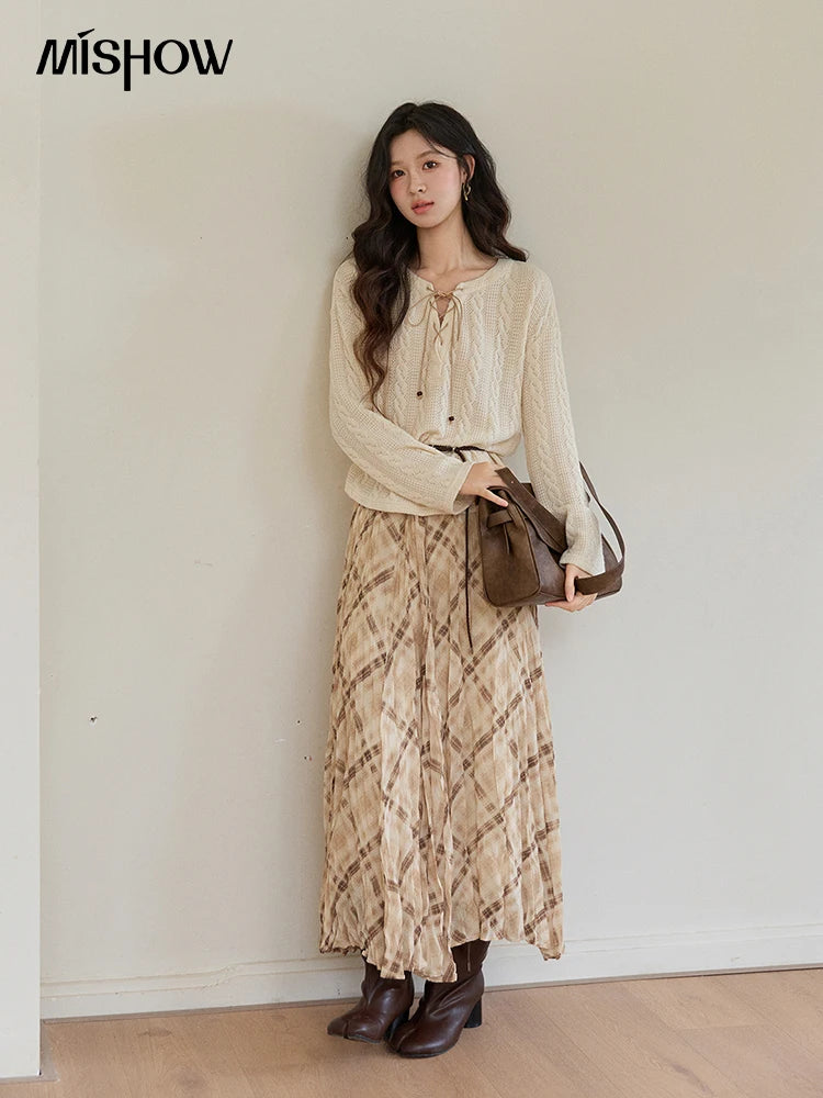 MISHOW Women's Beige Apricot Knitted Sweater 2026 Spring V-Neck Lace-Up Cable Knit Casual Loose Top Excluding Belt MXF108Z1029