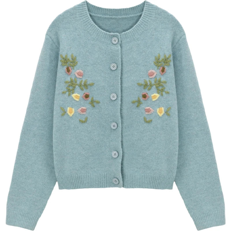 MISHOW Blue Floral Embroidered Cardigan for Women 2025 Autumn Winter New Loose Crew Neck Long Sleeves Sweater Wool MXE51Z2695
