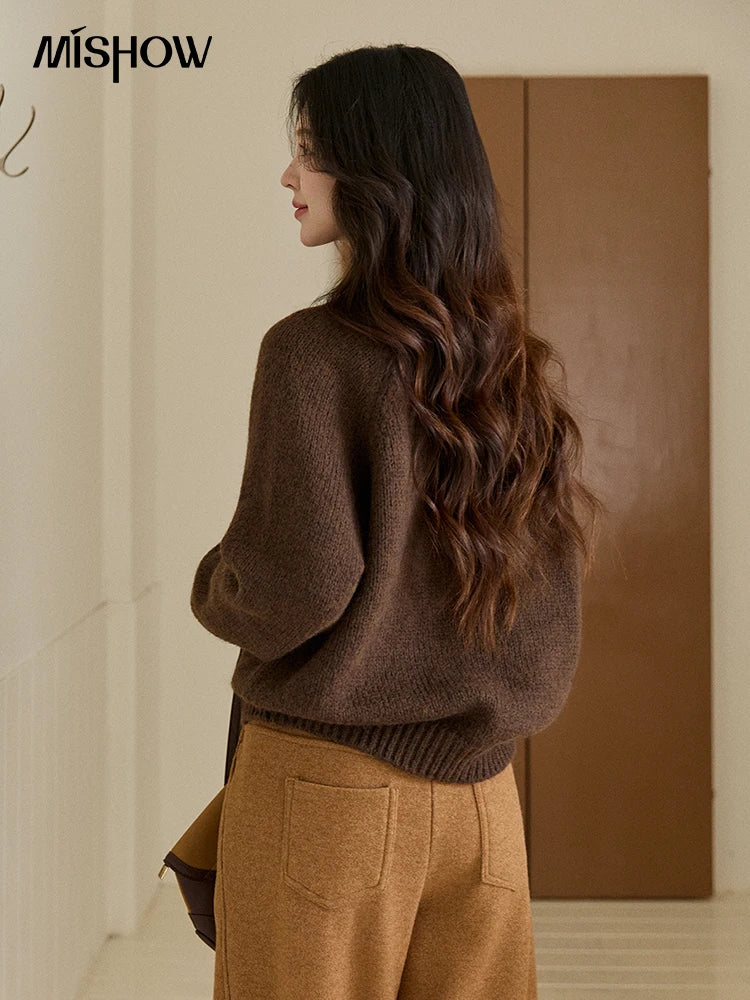 MISHOW Pear Pattern Jacquard Knitted Sweater Autumn Winter Crew Neck Loose Sweaters Wool Blend Warm Pullover Tops MXE94Z2959