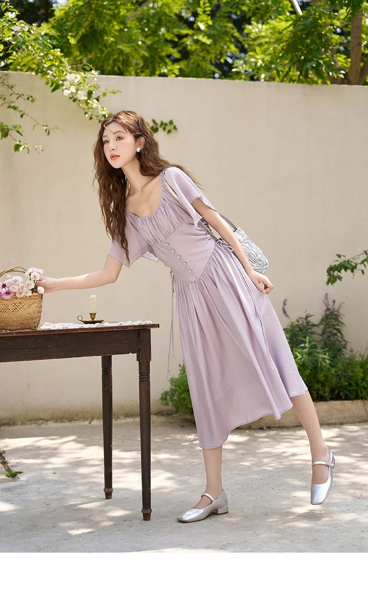 MISHOW Women's Elegant Dress 2023 Summer French A-LINE Butterfly Sleeve Square Collar Solid Lace-up Waist Dresses MXC38L1407