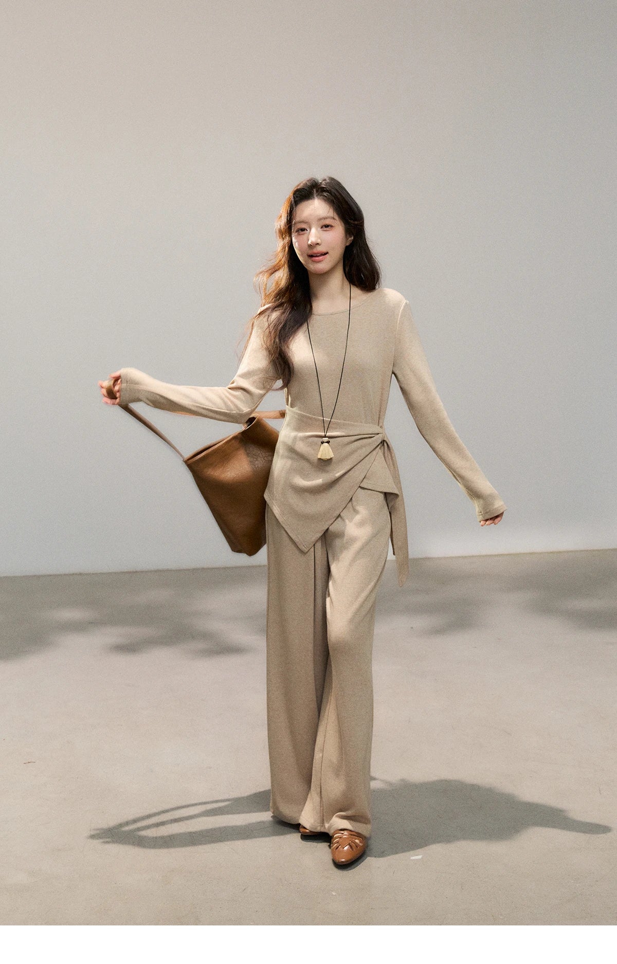 MISHOW Women's Khaki Knitted Two-Piece Set 2026 Spring Asymmetrical Hem Waist-Cinched Top Wide Leg Pants Casual Sets MXF11T1465