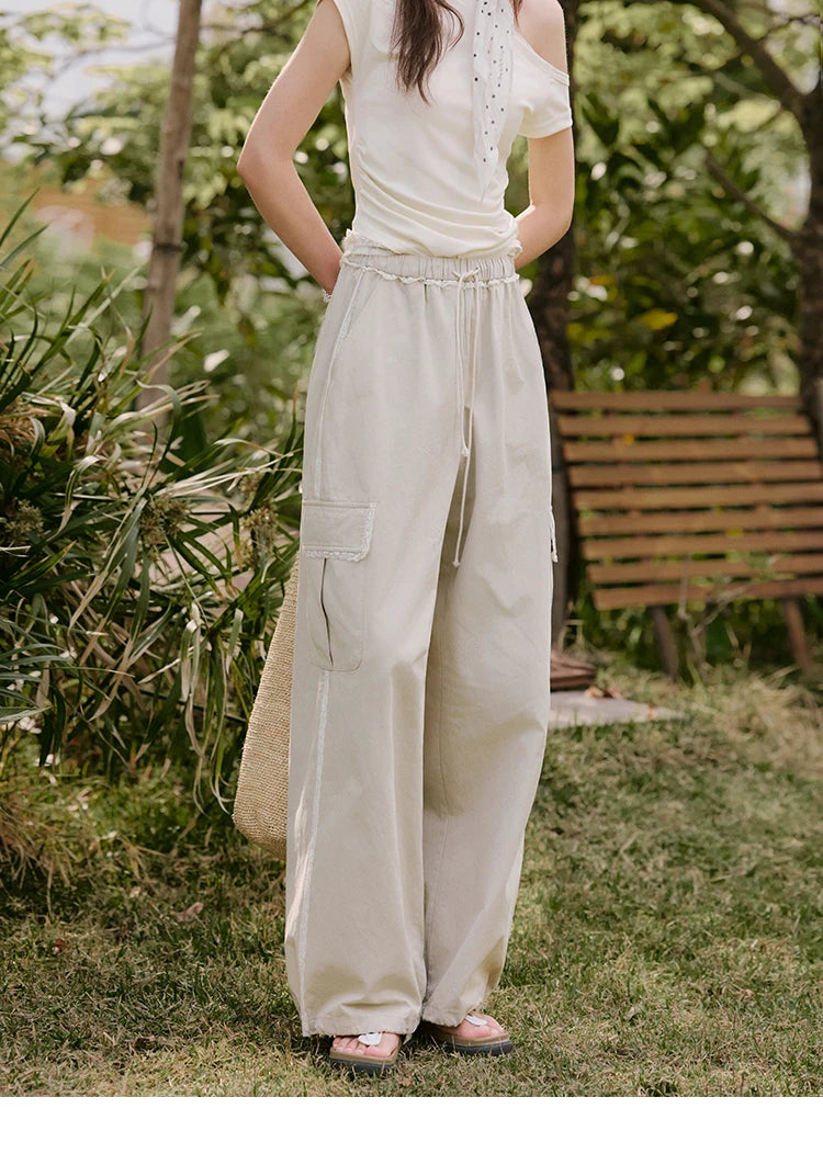 MISHOW Apricot Cargo Pants for Women in Summer 2025 Lace Patchwork Casual Pants Drawstring Elastic Waisted Trousers MXE33K0935