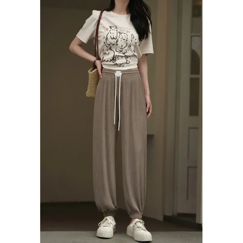 MISHOW Casual Pants for Women 2023 Summer Solid High Waist Slim Straight Elastic Waist Trousers Ankle-Length Pants MXC33K0069