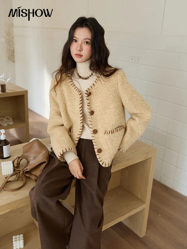 MISHOW Women Winter Jacket 2025 Fashion New Apricot Round Neck Single-breasted Wool Coat Elegant Commuting Short Coat MXE88W0885