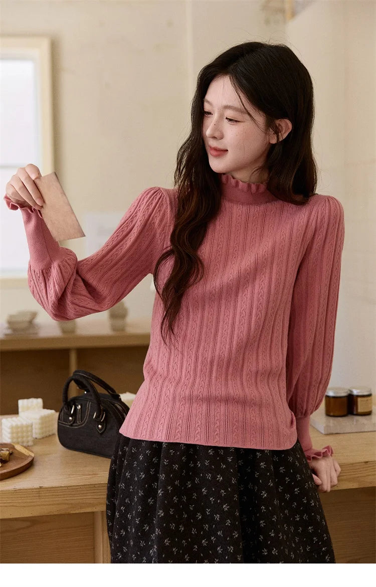 MISHOW Women's Half Turtleneck Ruffle Trim Lantern Sleeve Bottoming Tops 2025 Winter Vertical Rib Slim Knitted Top MXE93Z2810