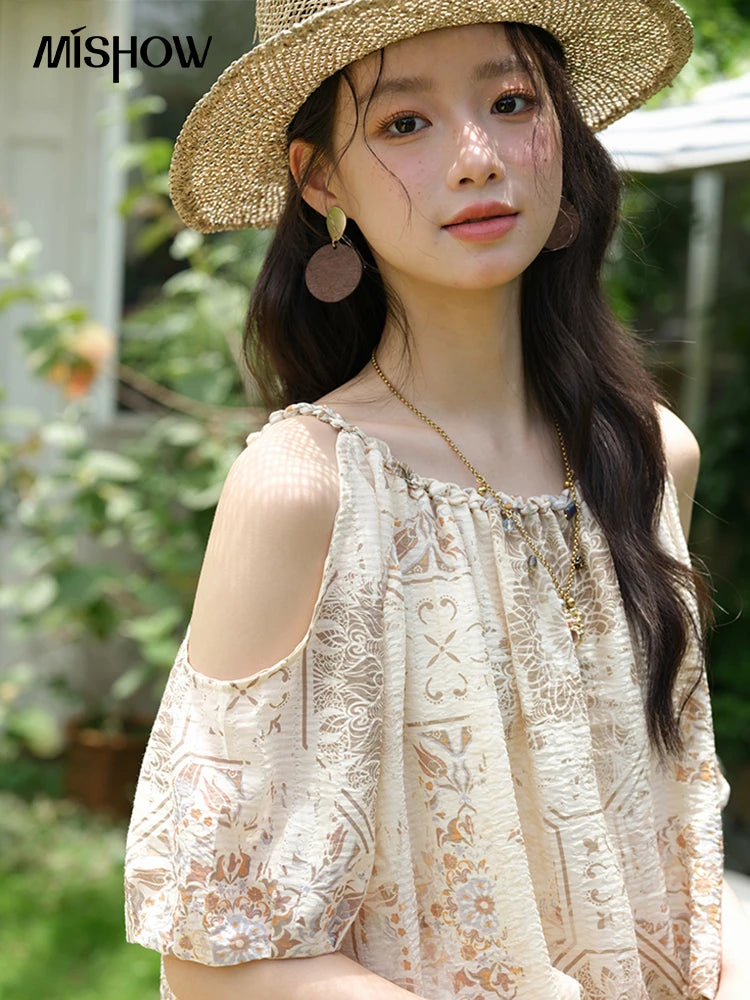 MISHOW Women's Two Piece Set 2025 Summer New Casual Bohemian Print Top Beaded Tassel Drawstring Pocket Shorts Set MXE39T0723