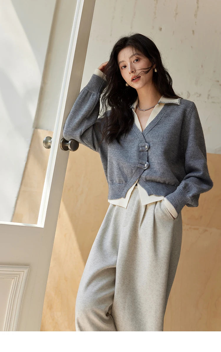 MISHOW Fake Two-piece Sweater Women Fashion Splicing Lapel Knitwear 2024 fall winter New Design Retro V-neck Cardigan MXD41Z0712