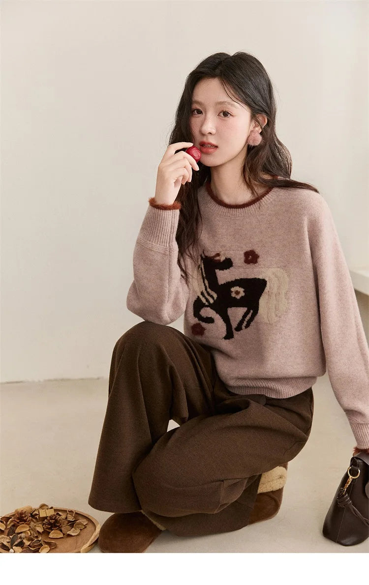 MISHOW Women's Horse Pattern Knit Sweater Winter Crew Neck Sweaters Collar Cuffs Splice Contrasting Faux Mink Fur Top MXE94Z2863