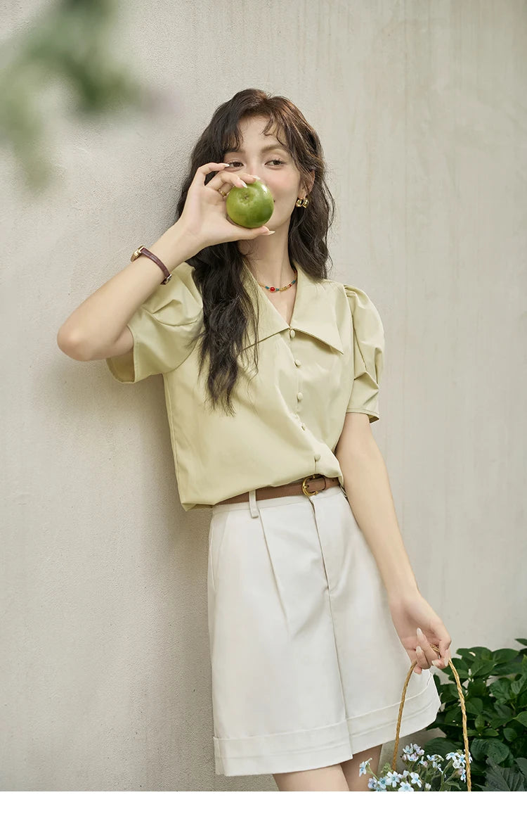 MISHOW Bubble Sleeve V-neck Commuting Shirts for Women 2025 Summer Retro Lapel Neck Short Sleeve Loose Solid Tops MXD28X1471