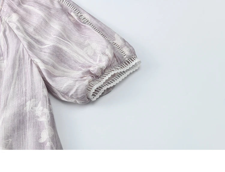 MISHOW Print Summer Chiffon Dress Women 2025 Short Sleeve U Neck Splicing Hollow Lace Midi Dresses Lady New Fashion MXE32L2164