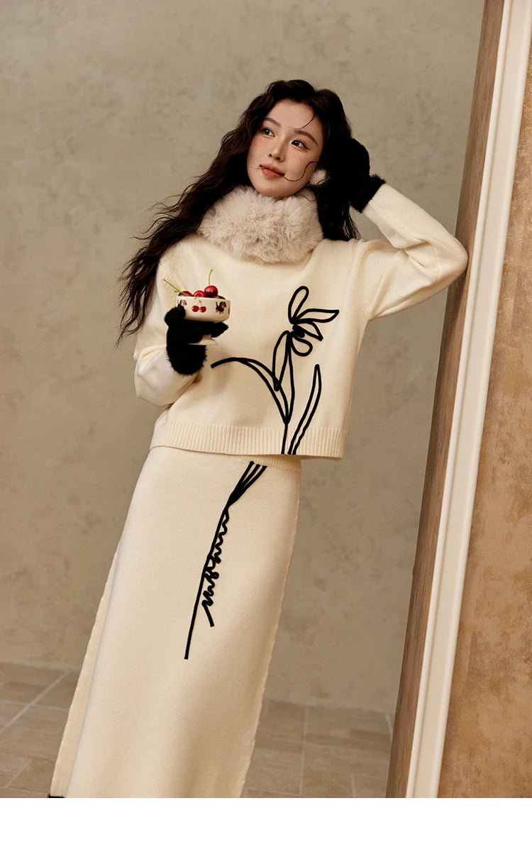 MISHOW French Skirt Sets Embroidery Spliced Contrast Color Two Piece Sets Women High Waist Midi Skirt Knitted Tops MXD57T0463