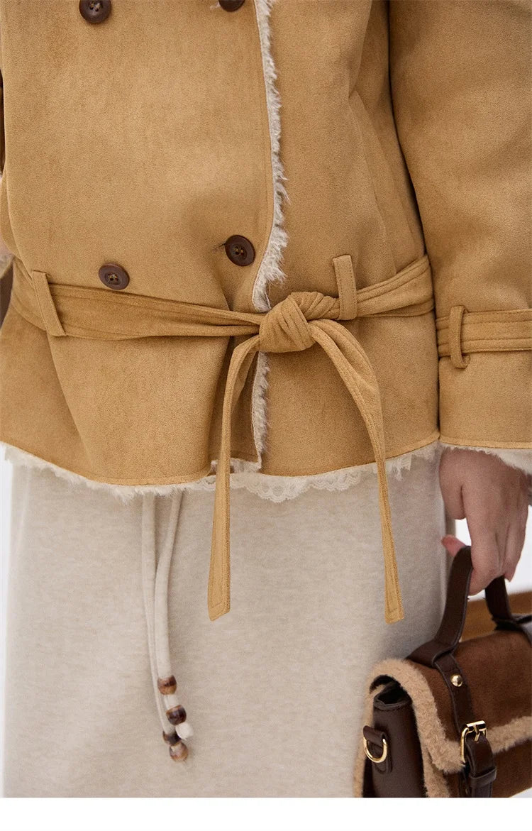 MISHOW Women Winter Jacket 2025 Fashion Suede Lambskin Fleece Coat Commute Windproof Retro Double-breasted Warm Coat MXE86W0907