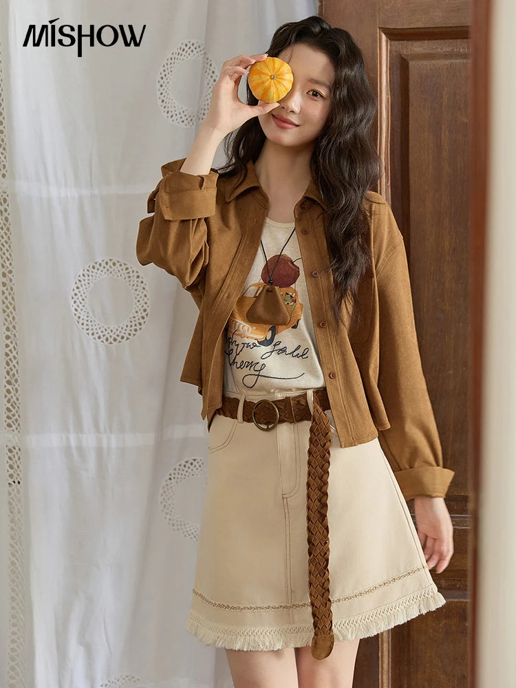 MISHOW Autumn Women's Jacket Retro Turn Down Collar Short Jacket Dropped Patch Pocket Casual Outerwear with Pendant MXE45C2413