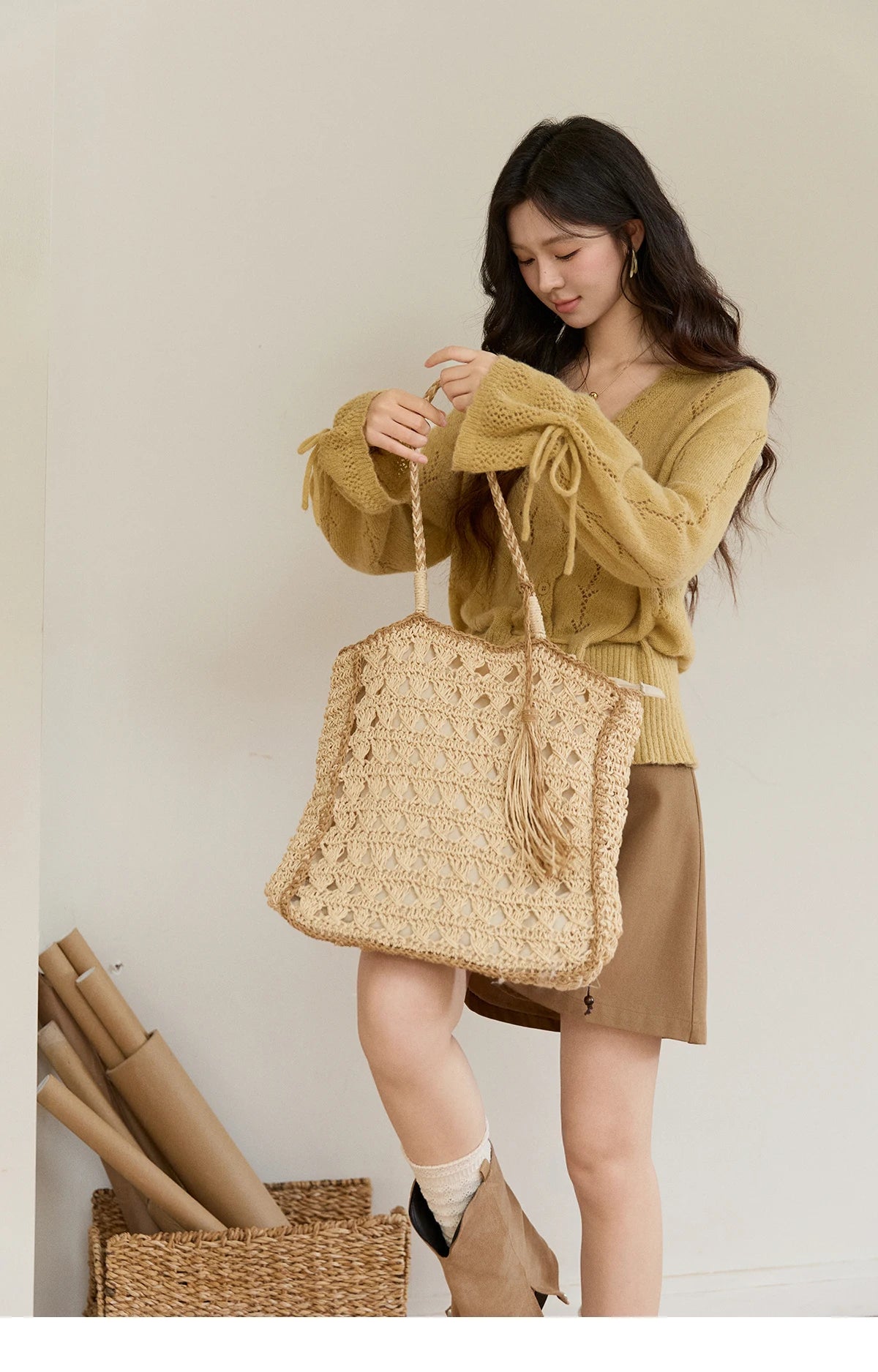 MISHOW Women's Yellow Knitted Cardigan 2026 Spring Hollow Out V-Neck Drawstring Waist Long Sleeve Casual Loose Tops MXF108Z1022