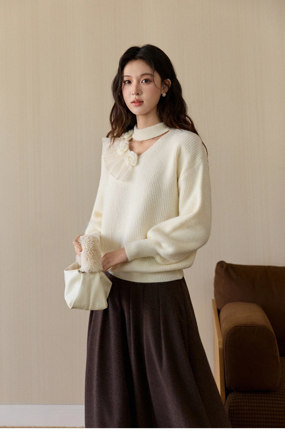 MISHOW Women's Cutout Neck Knitted Sweater 2025 Winter Ruffle Flower Decor Dropped Lantern Sleeves Pullover Tops MXE94Z2982