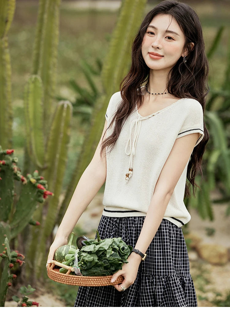 MISHOW Office Lady Summer Knitted Sweater V-neck Short Sleeve Solid Slimming Bead Design Pullover Female Lazy Tops MXE33Z1227