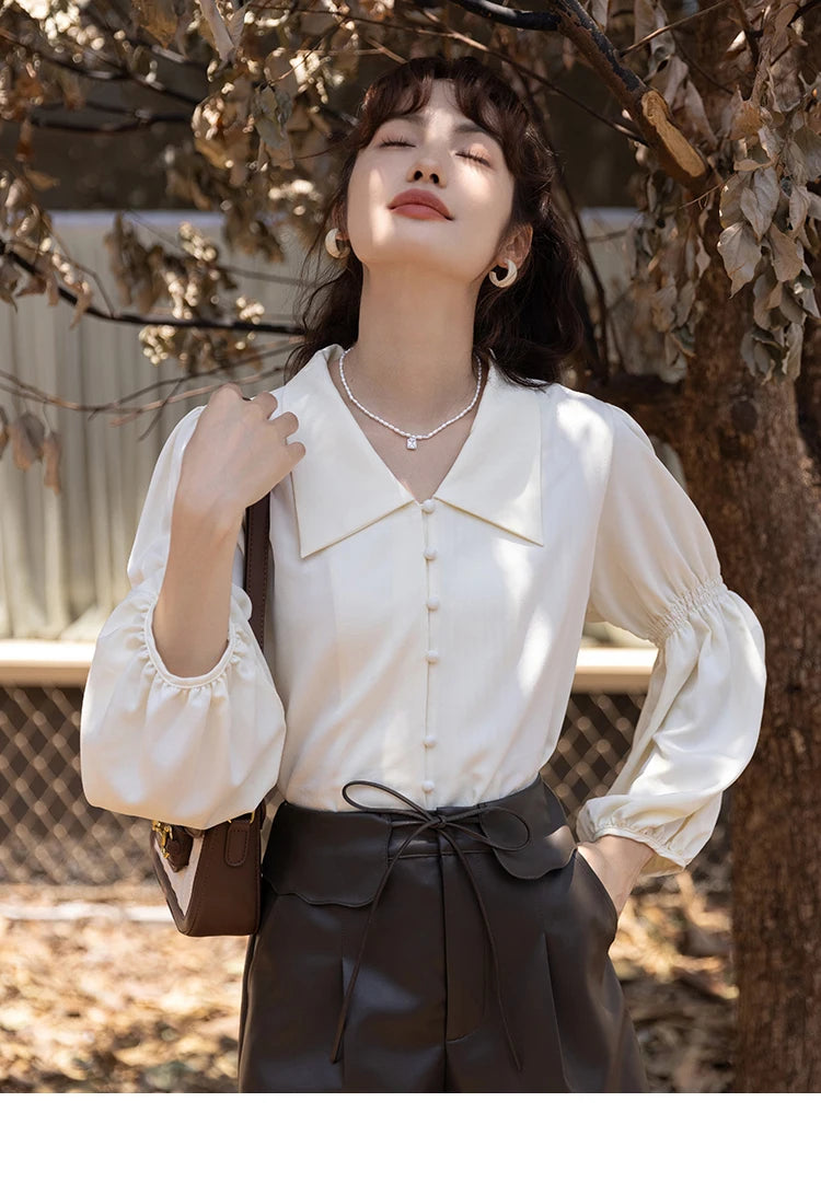 MISHOW Elegant Women's Blouse Autumn Vintage French Lantern Sleeves Turndown Collar Shirt Office Lady Female Clothing MXB32C0508