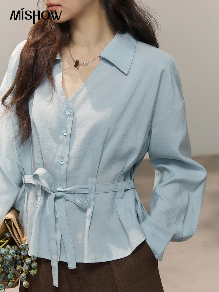 MISHOW Women's Light Blue Lyocell Shirt 2026 Spring Polo Neck V-neck Belted Waist Shirt Casual Peplum Long Sleeve Top MXF13C2437
